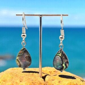 Dainty Abalone and Resin Teardrops on Silver Tone Hooks Drop Dangle Earrings